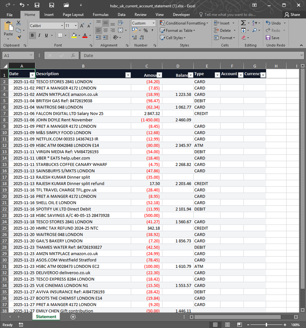 Excel spreadsheet with extracted HSBC UK transactions, sort code and IBAN preserved